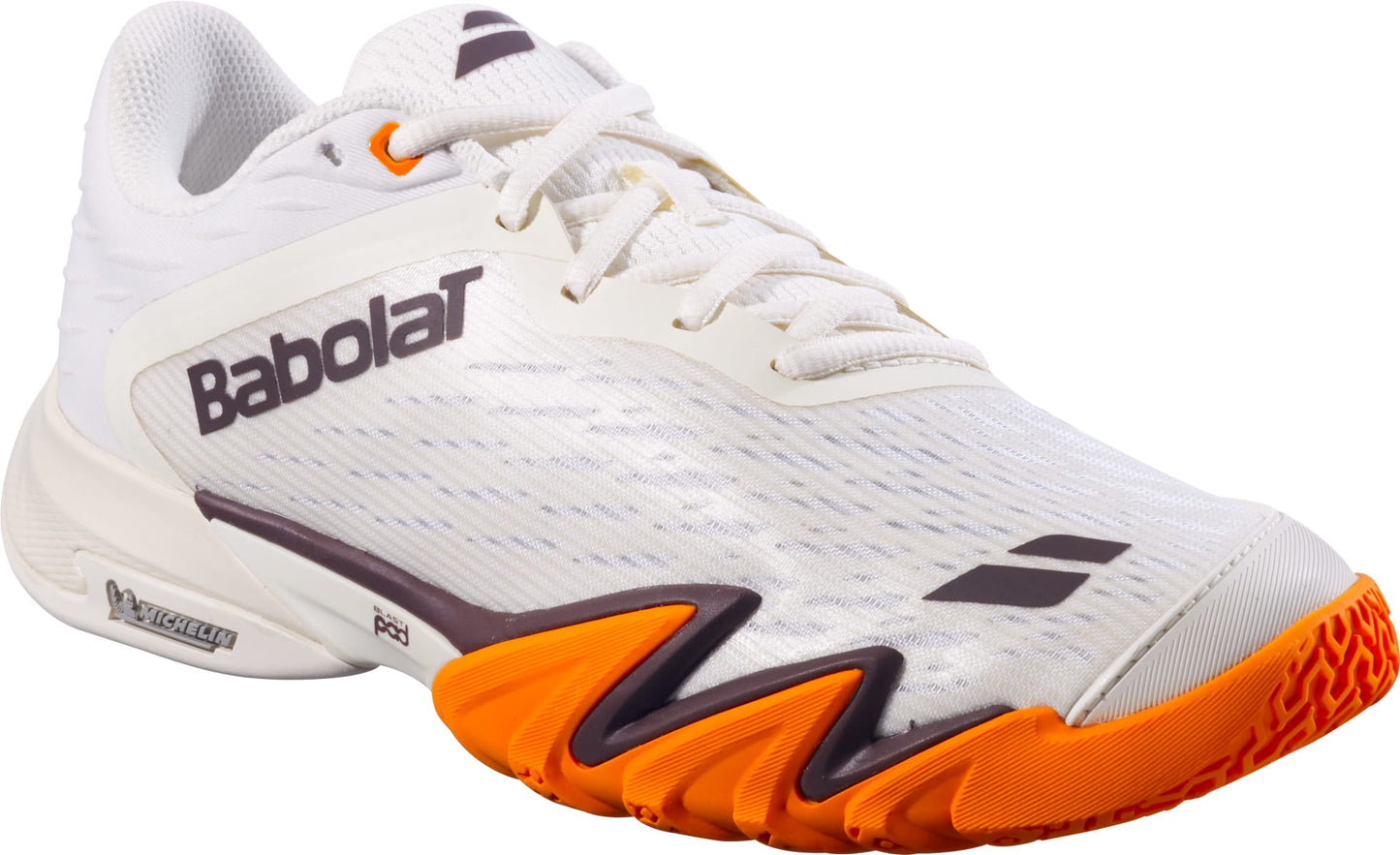 The Babolat Premura 3 Men's Padel Shoes in Cream and Orange feature a textured padel sole, black logo details, white laces, and a durable, supportive design ideal for sports activities.