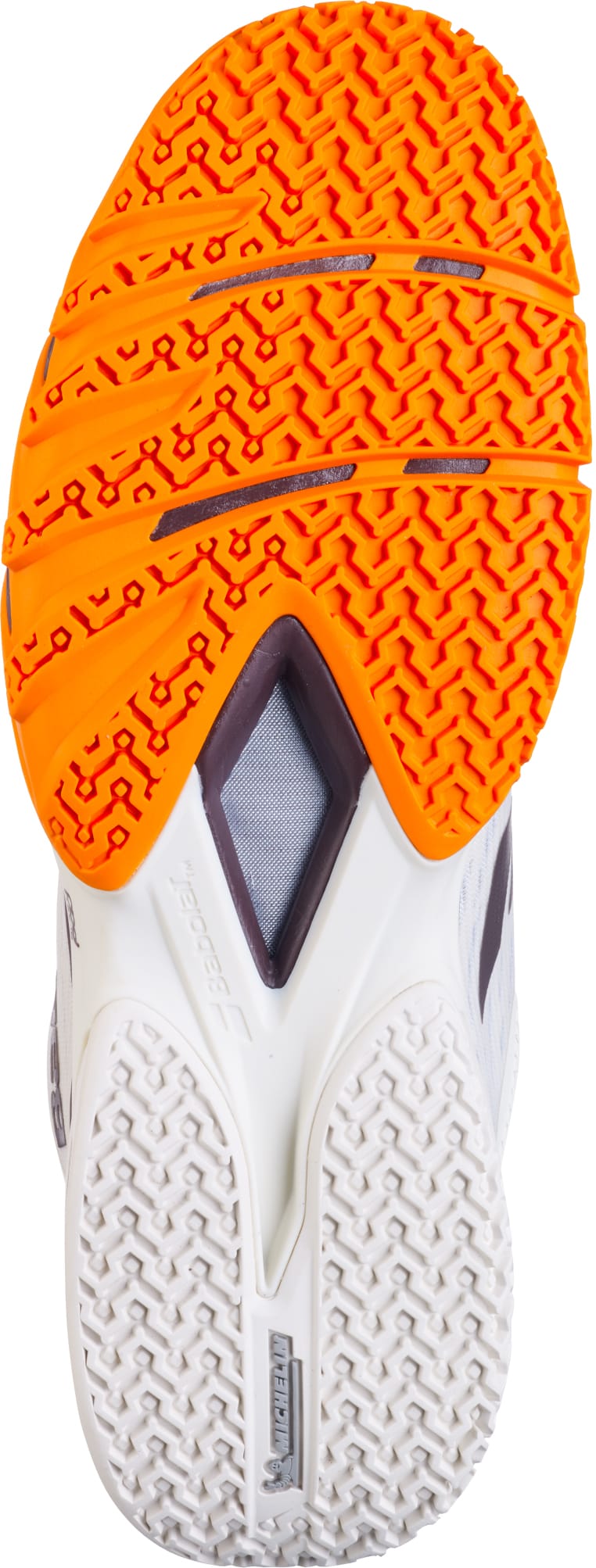 The image displays the sole of the Babolat Premura 3 Mens Padel Shoes in Cream / Orange, featuring an orange rubber forefoot, a white midfoot and heel, and detailed tread patterns engineered by Babolat for superior traction on padel courts.