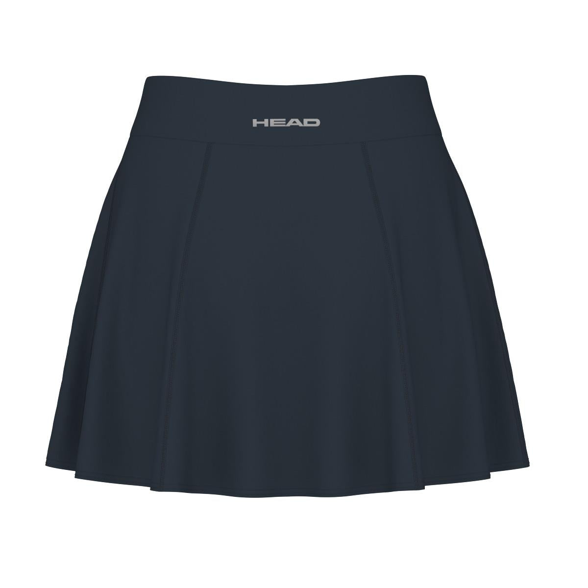 Introducing the HEAD Performance Women's Padel Skort in navy, designed with integrated inner shorts and a flared silhouette. The waistband showcases the "HEAD" brand name in white, and subtle vertical stitching adds a touch of elegance. Perfect for active women, this skort utilizes moisture transfer microfiber technology to ensure comfort.