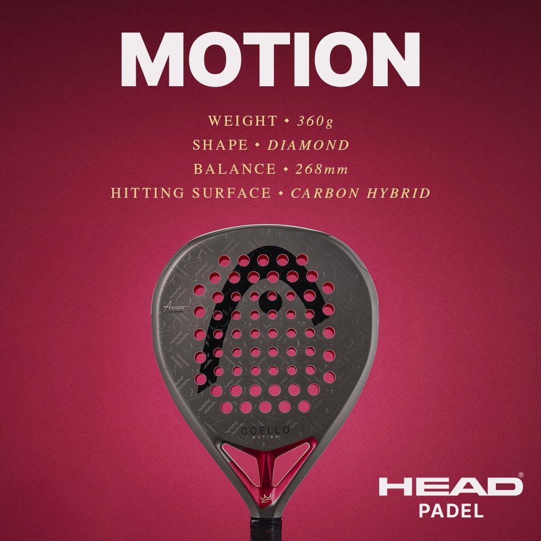 The HEAD Coello Motion 2026 Padel Racket from HEAD features a bold black and red design, shown vertically on a red background. Diamond-shaped, it's inspired by Arturo Coello and displays the "MOTION" and "HEAD PADEL" logos.