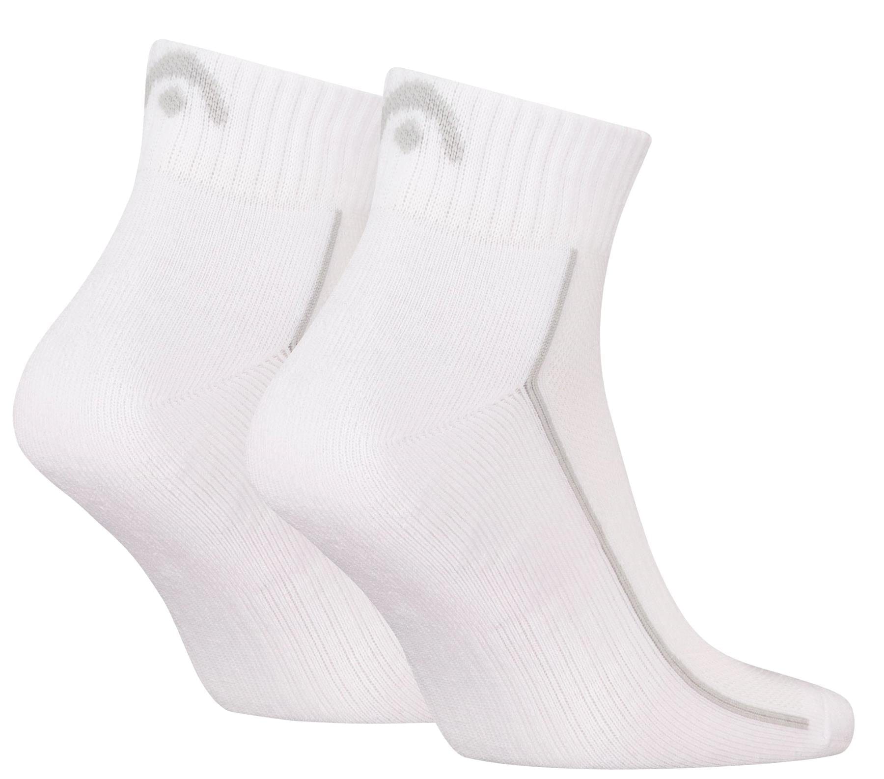 The HEAD Performance Quarter Padel Socks - White (2 Pack) feature light gray accents, a subtle gray logo near the cuffs, and cushioned soles for comfort, shown here against a plain white background.