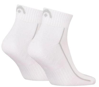 The HEAD Performance Quarter Padel Socks - White (2 Pack) feature light gray accents, a subtle gray logo near the cuffs, and cushioned soles for comfort, shown here against a plain white background.