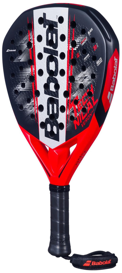 The Babolat Technical Veron 3.0 Padel Racket features a red and black design, wide perforated head, CarbonFlex construction, white brand name on the frame, black handle, and an attached wrist strap.