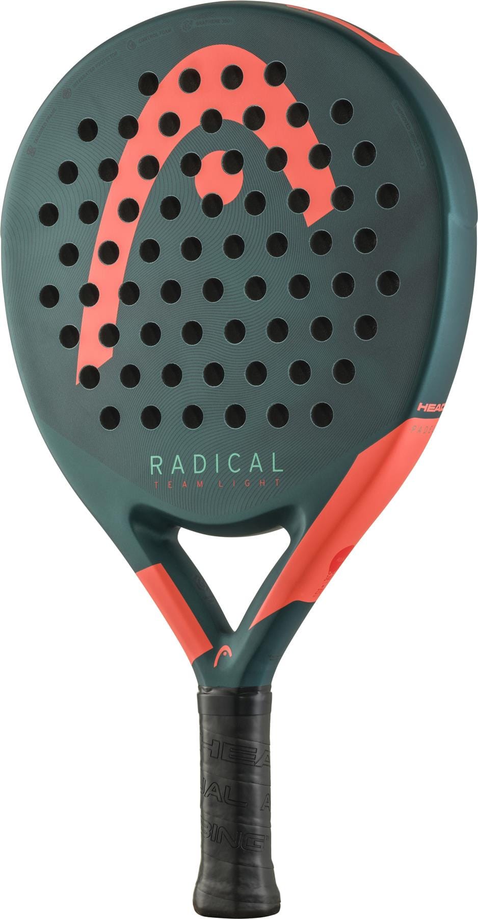 The HEAD Radical Team Light 2026 Padel Racket in green/orange features a large HEAD logo, multiple circular holes on the face, "RADICAL" text on the racket, and a black grip handle.
