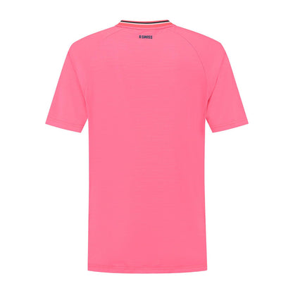 The back view of the K-Swiss Hypercourt Men's Melange 3 Padel T-Shirt in pink features short sleeves and a subtle "K-SWISS" logo on the neck, capturing the elegance and performance focus ideal for padel players.