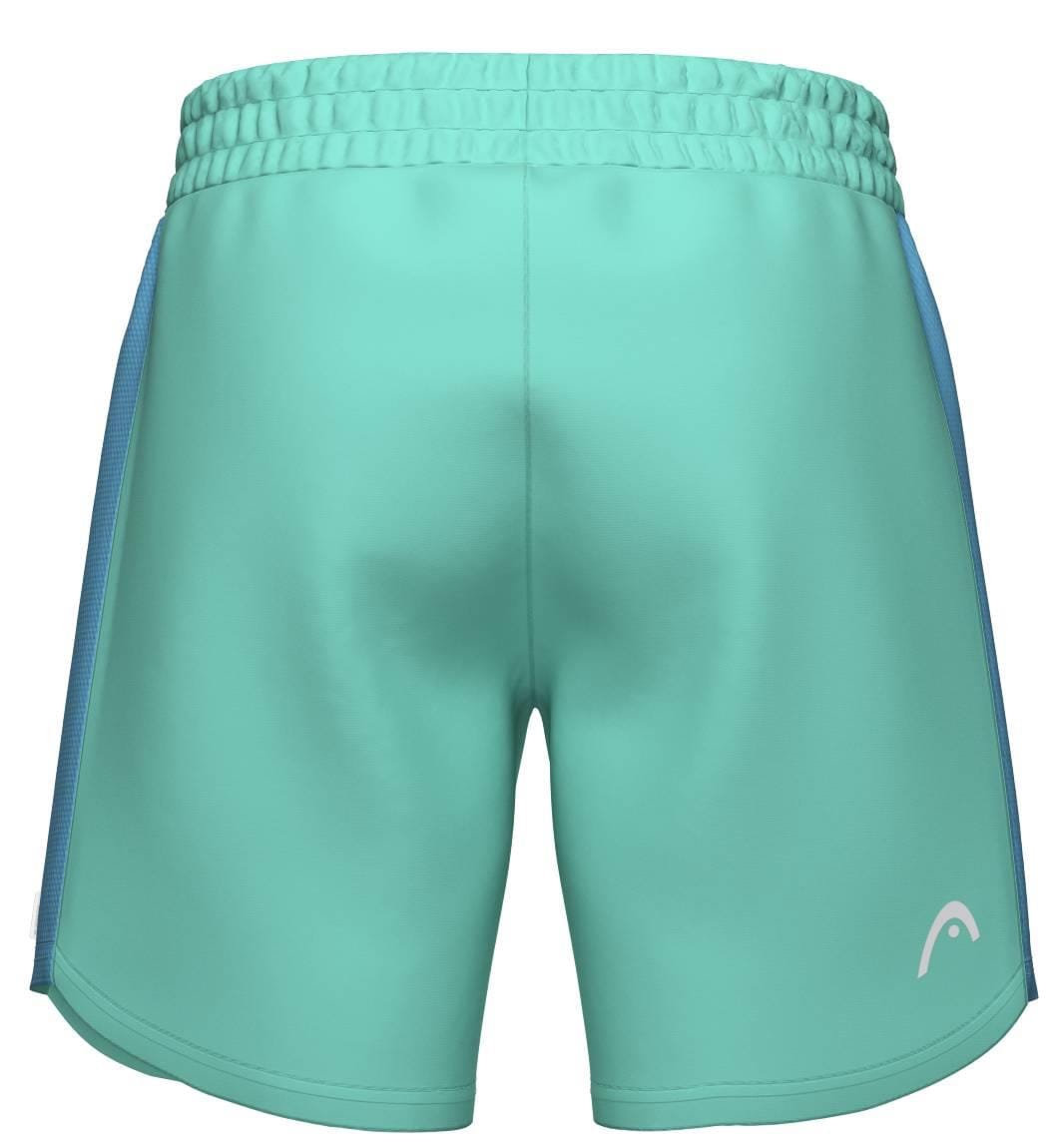 The HEAD Power Mens Padel Shorts in turquoise feature an elastic waistband, blue side panels, and a white logo on the lower right leg—ideal breathable athletic shorts for tennis from HEAD.