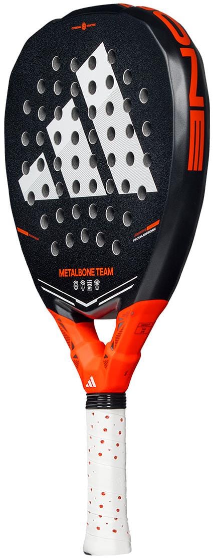 The adidas Metalbone Team 2026 Padel Racket in black and red features a white grip, white adidas logo, "METALBONE TEAM" below the logo, and Spin Blade Gritt technology for an advanced padel experience.