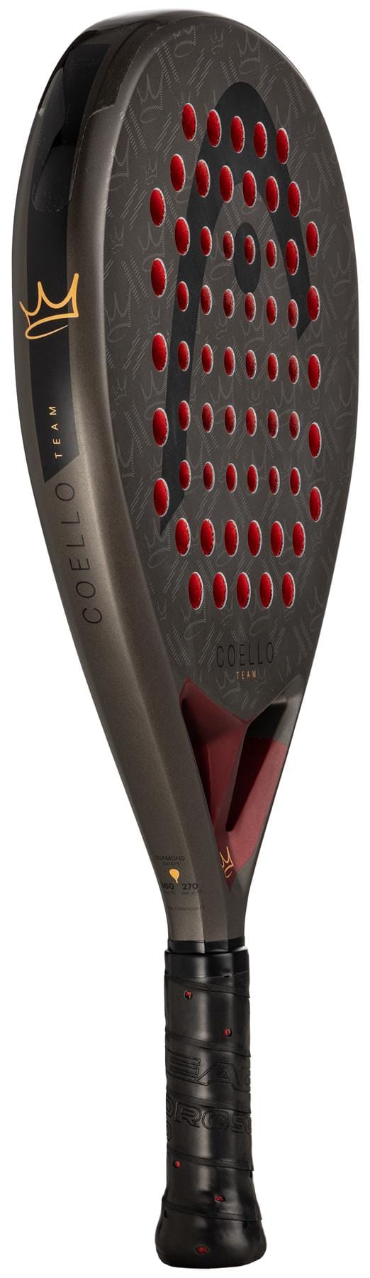 The HEAD Coello Team 2026 Padel Racket features a black and gray design with red accents, "COELLO" on the side, round holes on the face, and a black grip handle—part of the Arturo Coello collection.
