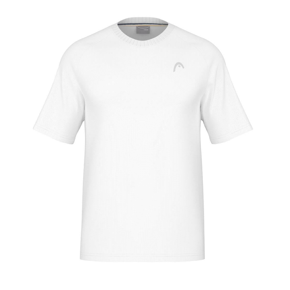 A plain white short-sleeve t-shirt featuring a small, subtle logo on the left chest is crafted to HEAD Performance Mens Padel T-Shirt standards. It boasts a classic crew neck design and incorporates advanced moisture transfer microfibre technology for optimal comfort.