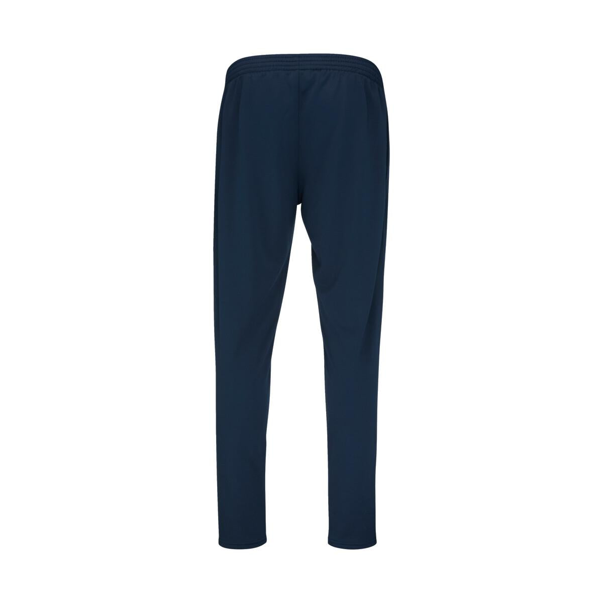 The HEAD Club Men's Easy Court Tracksuit in dark blue is displayed from the rear, featuring straight-leg pants with an elastic waistband, made from polyester double knit twillback, set against a plain white background.