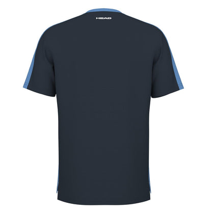 A navy HEAD Vision Slice Men's Padel T-Shirt featuring light blue stripes along the sleeves and the brand name "HEAD" near the neckline. This shirt utilizes Moisture Transfer Microfiber technology for optimal comfort and performance.