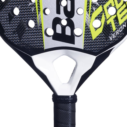 Close-up of the Babolat Counter Veron 2.6 Padel Racket, showing its CarbonFlex build, black/yellow/white textured face with circular holes, Babolat logo near the handle, and detailed grip and throat.