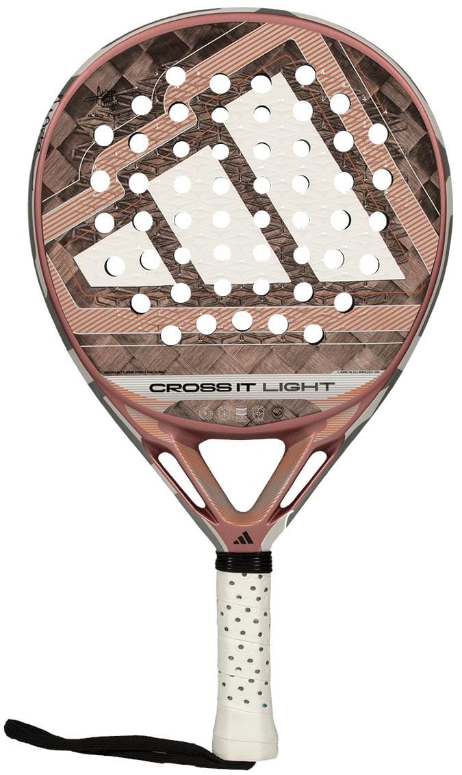 The adidas Cross It Light 2026 Padel Racket in white/pink features a geometric design with a large logo, "CROSS IT LIGHT" text, a perforated white handle, and a black wrist strap.