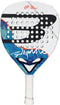 The Bullpadel Ionic Power 2026 Padel Racket features a white design with a black "B" logo, blue and orange wave patterns, circular holes, and a white grip—highlighting its power and control as “The Padel Specialist.”.