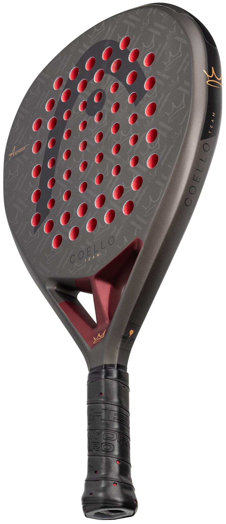 The HEAD Coello Team 2026 Padel Racket by HEAD features a black and red design with round holes, “Coello Team” branding, a black grip handle, and advanced Auxetic 2.0 technology from the Arturo Coello collection.