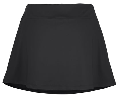 Product Description: Introducing the Babolat Play Women's Padel Skirt in elegant black, designed by Babolat. This skirt features a wide, high waistband and showcases a recycled polyester fabric against a crisp white backdrop, offering a smooth finish. Its slightly flared A-line silhouette makes it an ideal choice for any occasion.