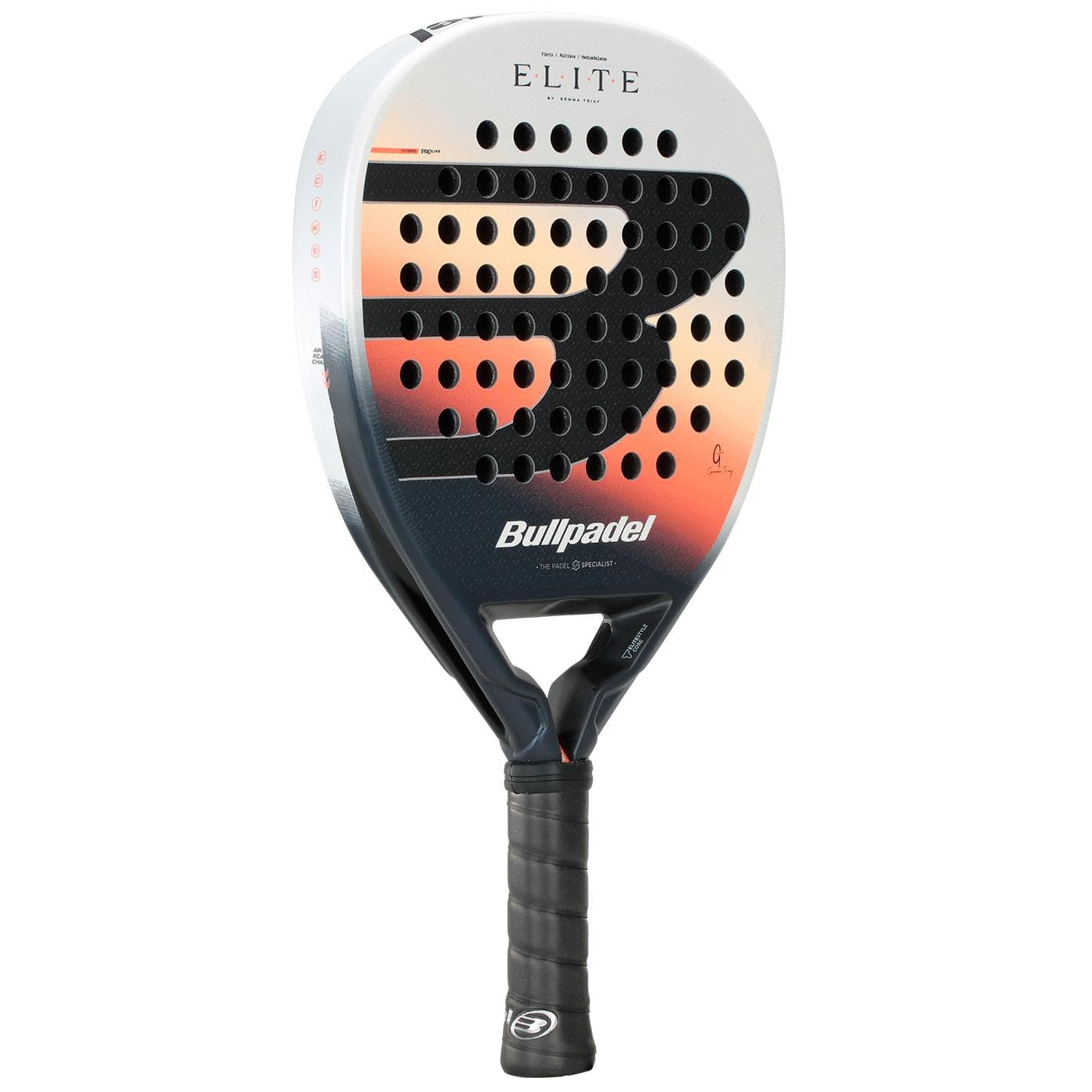 The Bullpadel Elite W 2026 Padel Racket in black and white features a bold “B” logo, round face holes, and a black grip—designed by Bullpadel for top-level women’s performance on the padel court.