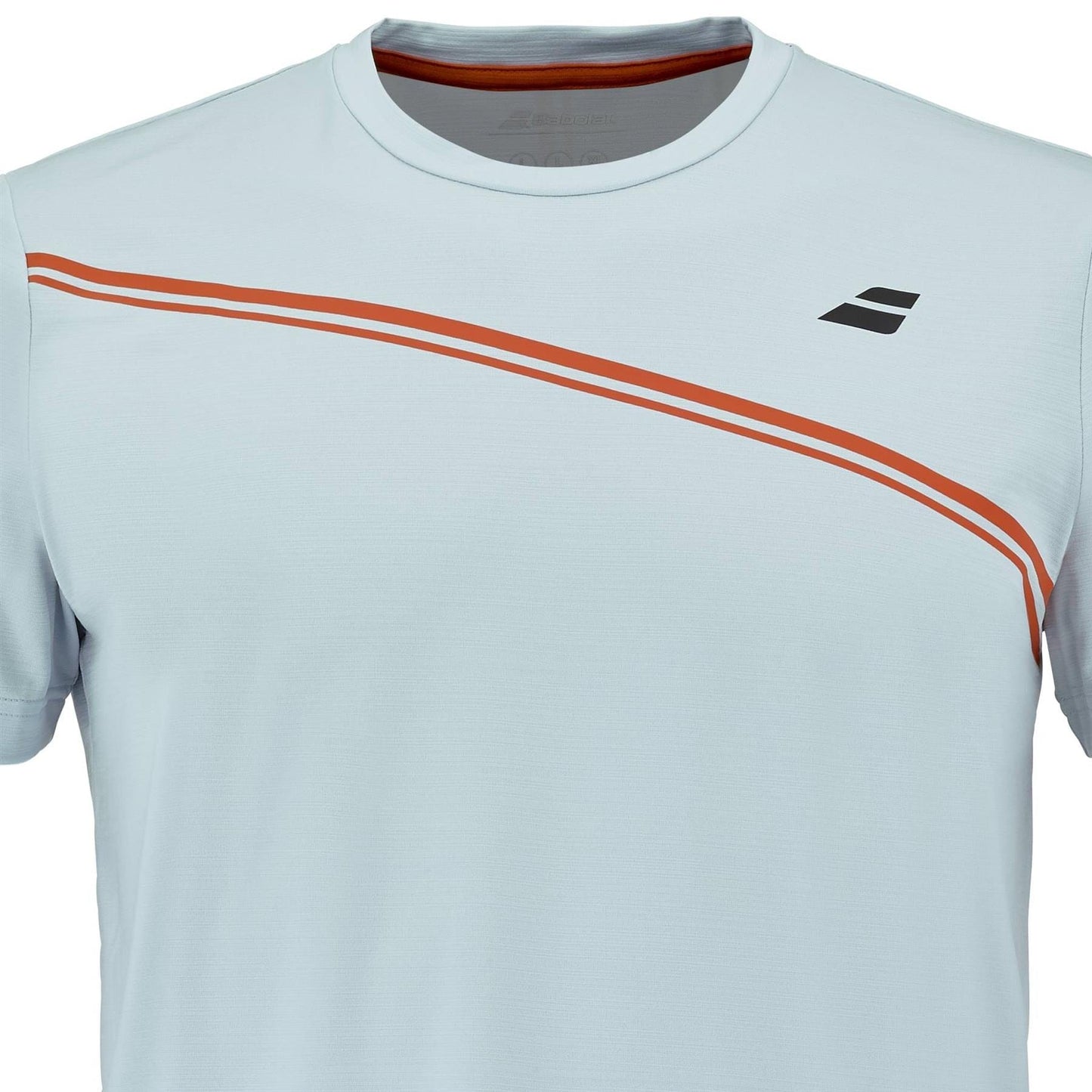 The Babolat Play Men's Crew Neck Padel T-Shirt in Illusion Blue features two diagonal orange chest stripes, a black logo on the upper right, short sleeves, and a comfortable round neckline.