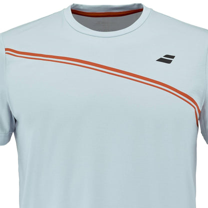 The Babolat Play Men's Crew Neck Padel T-Shirt in Illusion Blue features two diagonal orange chest stripes, a black logo on the upper right, short sleeves, and a comfortable round neckline.