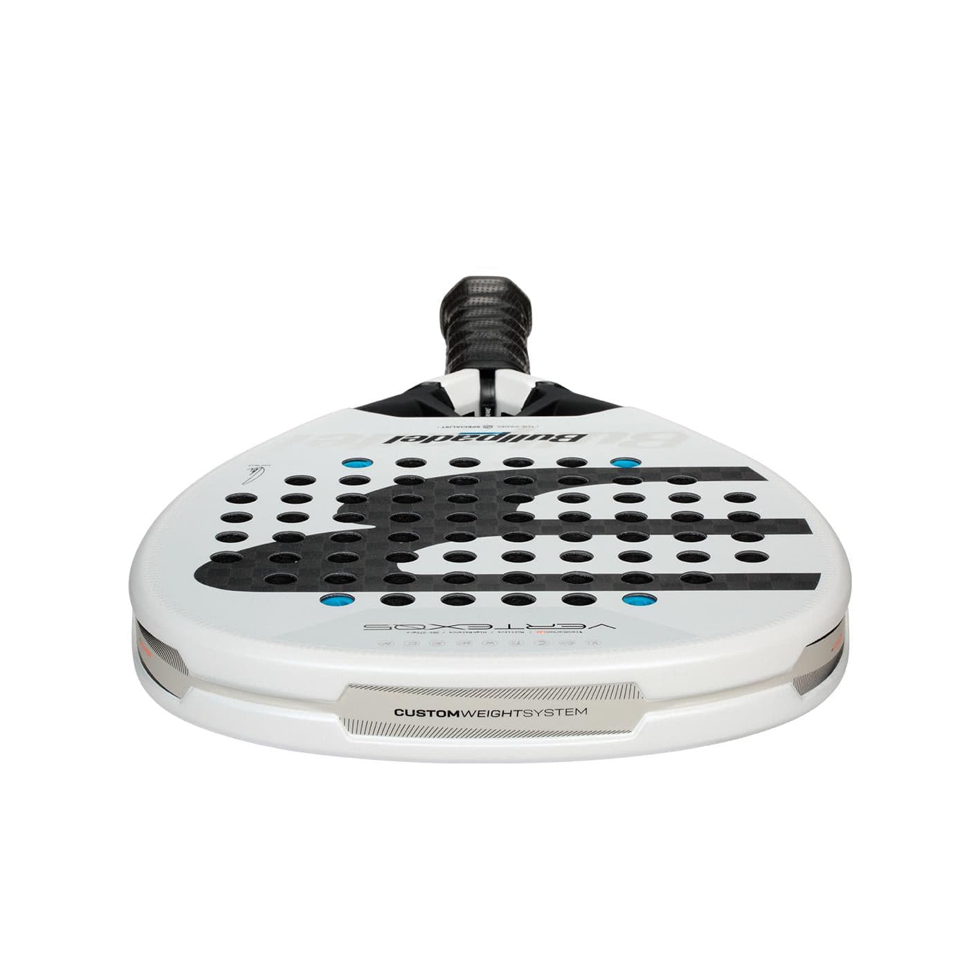 The Bullpadel Vertex 05 2026 Padel Racket in white and black features blue accents, a perforated surface, black handle, and "VERTEX 03" plus "CUSTOM WEIGHT SYSTEM" printed near the base.
