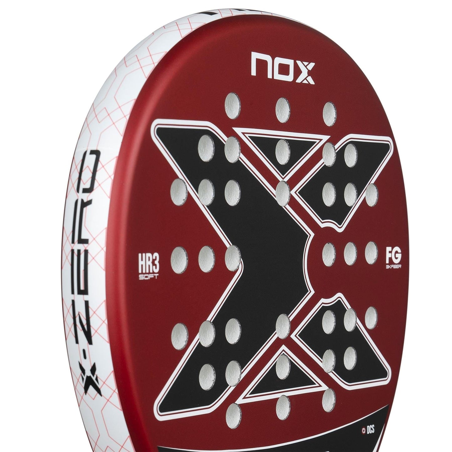 Close-up of the NOX X-Zero Red Padel Racket by NOX, a control racket with a bold black "X," white dots on a vibrant red background, and detailed branding along the frame.