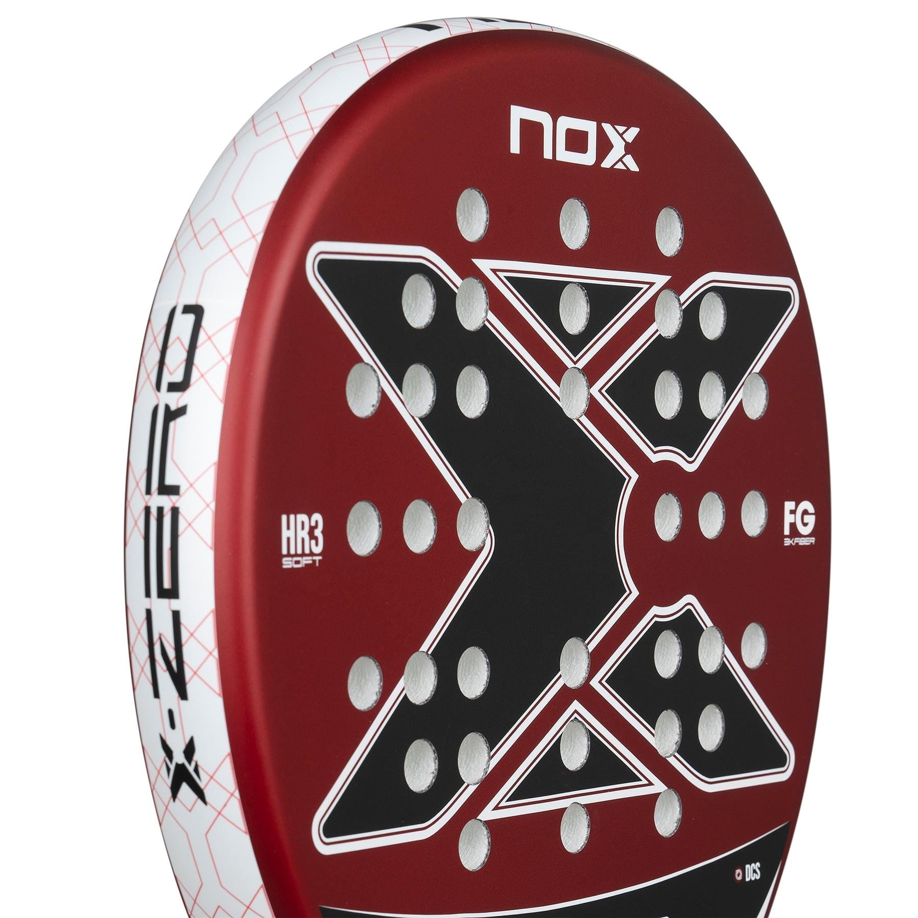 Close-up of the NOX X-Zero Red Padel Racket by NOX, a control racket with a bold black "X," white dots on a vibrant red background, and detailed branding along the frame.