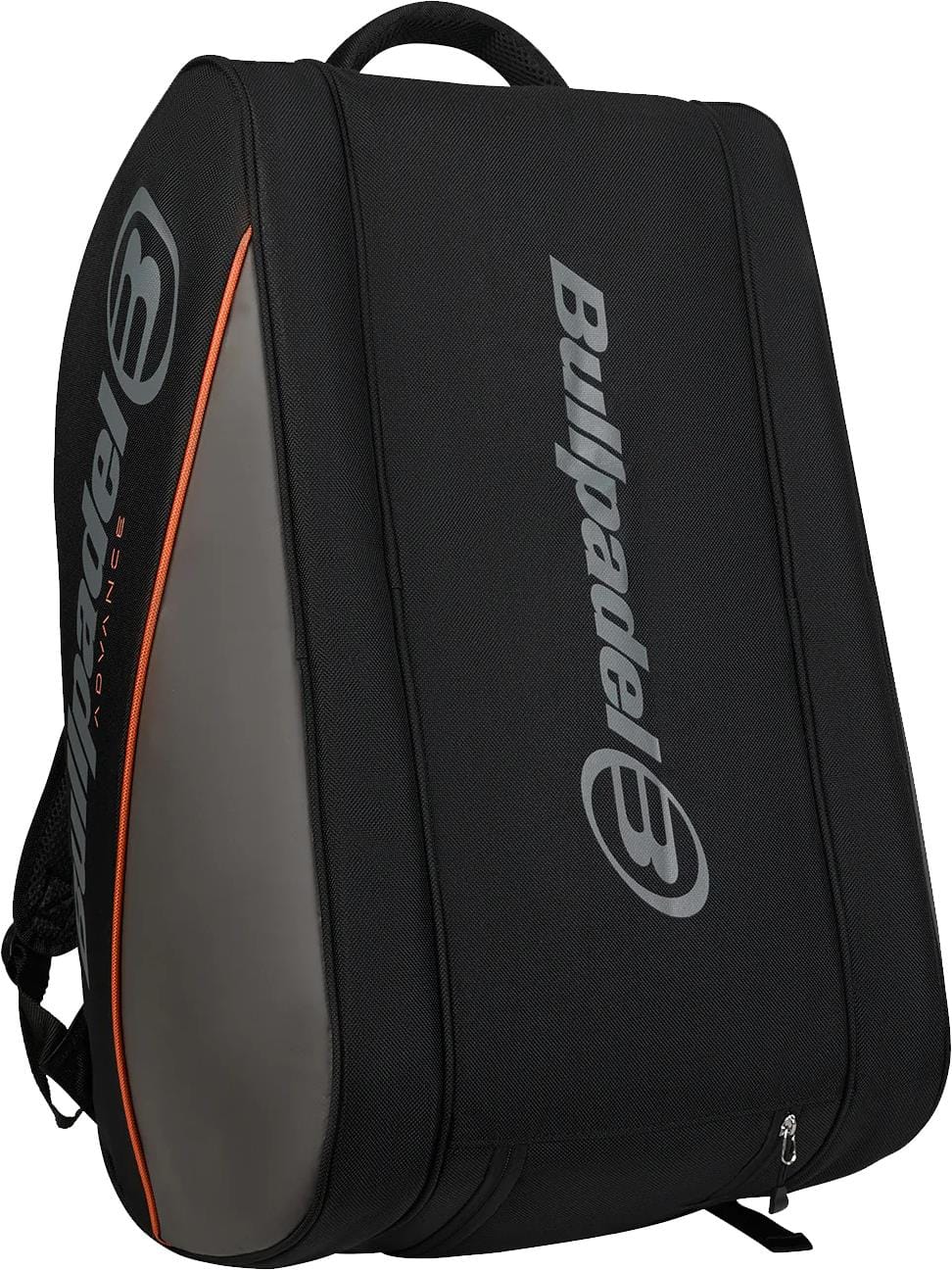 The Bullpadel BPP26014 Advance 2026 Padel Racket Bag in black and orange features white Bullpadel branding, a strong handle, and thermal racket compartments—ideal for carrying your padel or tennis gear.