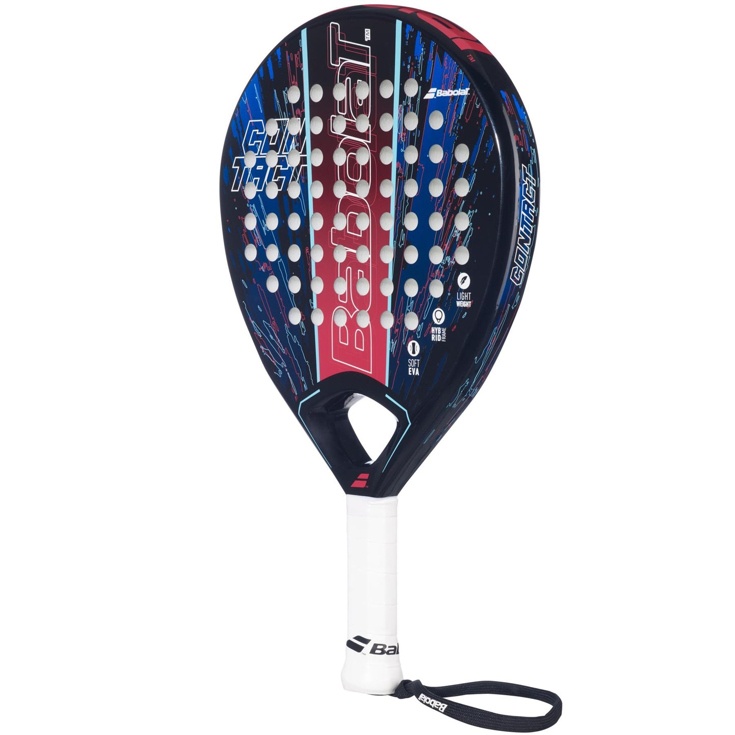 This Babolat Contact Padel Racket in black and blue, ideal for beginner padel players, boasts a white grip adorned with colorful graphics and comes with a wrist strap. The design emphasizes control, featuring the Babolat logo and model name prominently on the face.