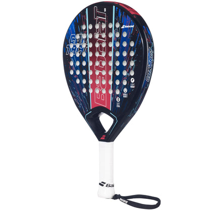 This Babolat Contact Padel Racket in black and blue, ideal for beginner padel players, boasts a white grip adorned with colorful graphics and comes with a wrist strap. The design emphasizes control, featuring the Babolat logo and model name prominently on the face.