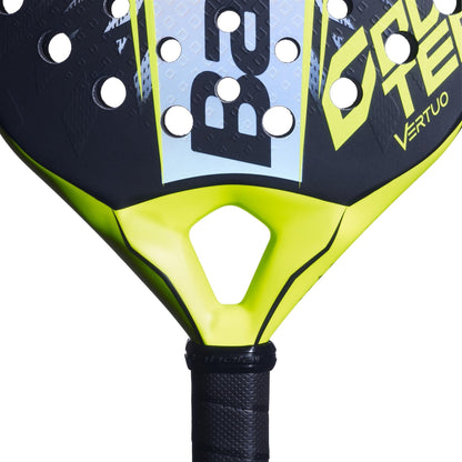 Close-up of the Babolat Counter Vertuo 2.6 Padel Racket, showing its black and yellow design, "VERTUO" on the side, and a black handle with grip tape.