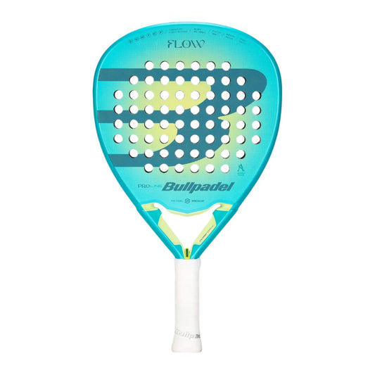 A blue and yellow Bullpadel Flow W 2025 padel racket with a perforated design and a white grip showcases the word "Flowforce" at the top, along with the brand name prominently displayed.