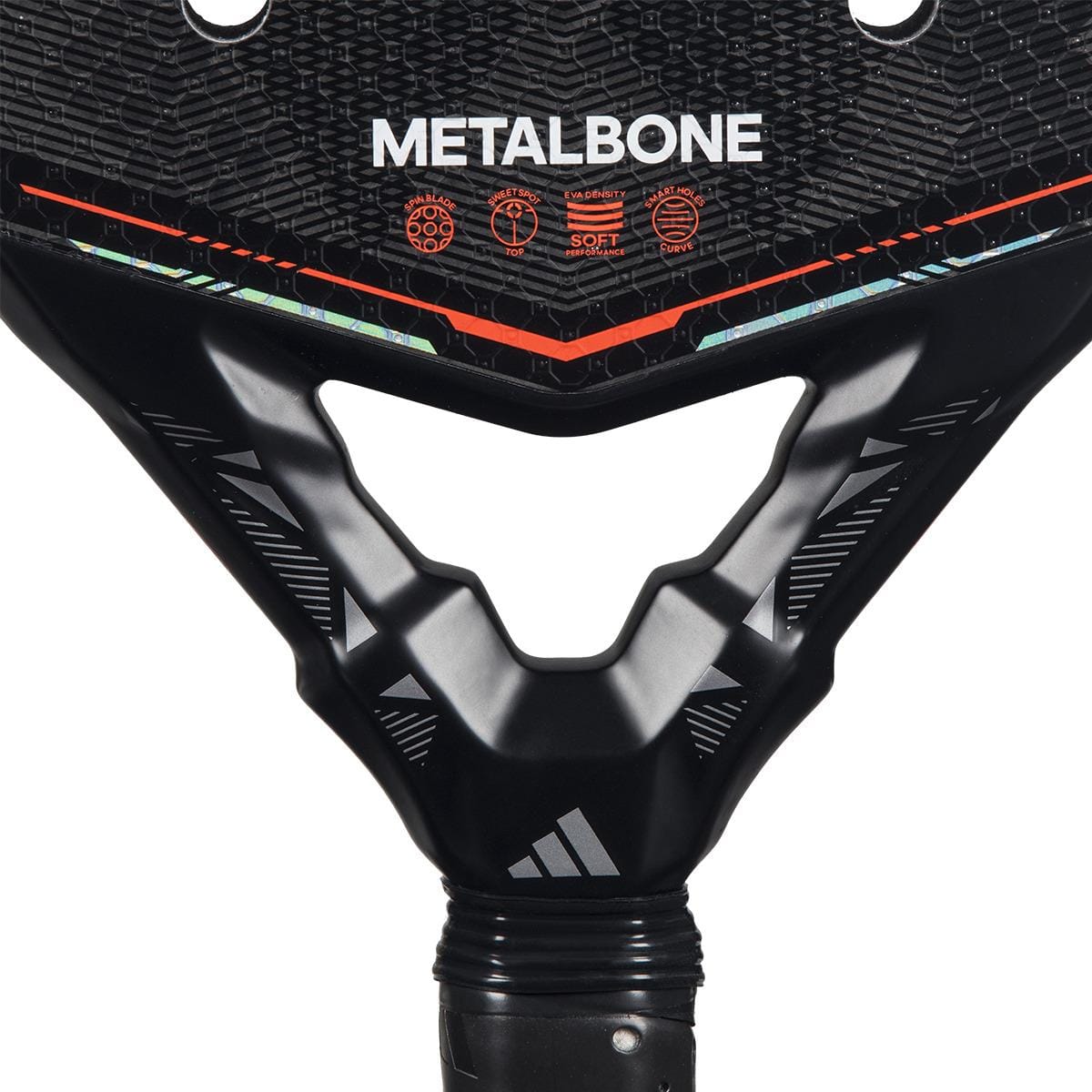 Close-up of the adidas Metalbone by Ale Galán 2026 Padel Racket - Black, showing the adidas logo, branding, and textured geometric patterns with icons above the handle of this adjustable weight padel racket.