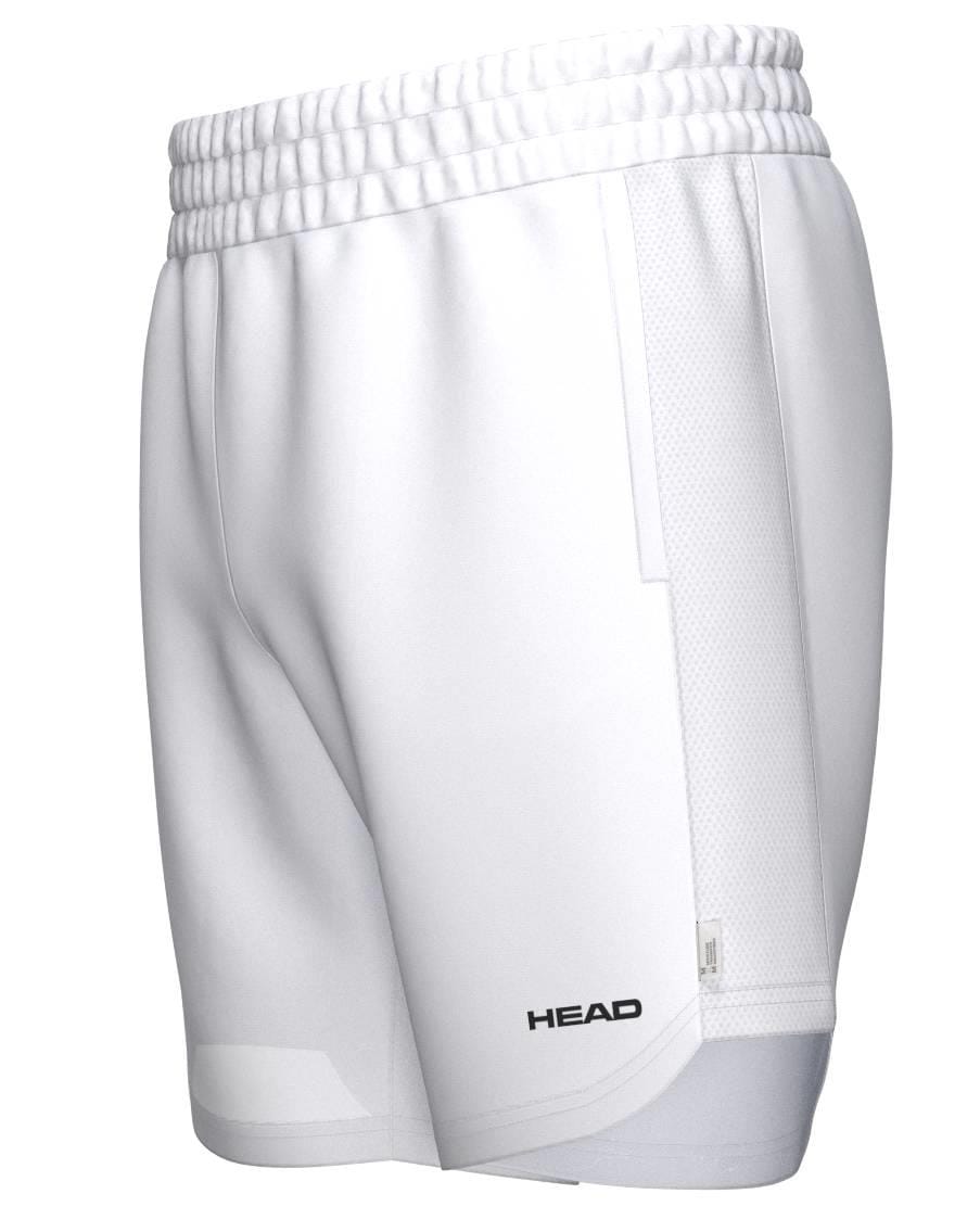 HEAD Power Men’s Padel Shorts in white feature an elastic waistband, the HEAD logo in black on the left leg, and subtle mesh panels for breathable comfort and a sleek, minimalist sportswear design.