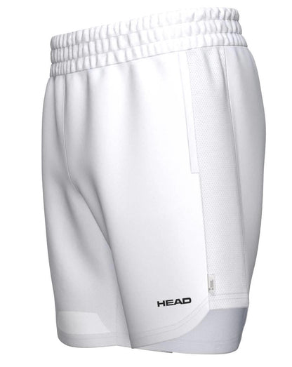 HEAD Power Men’s Padel Shorts in white feature an elastic waistband, the HEAD logo in black on the left leg, and subtle mesh panels for breathable comfort and a sleek, minimalist sportswear design.