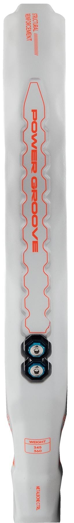 A close-up of a white cricket bat’s back shows red "POWER GROOVE" text, measurement labels, and two round stickers with weight and size details—similar to the adjustable weight system on the adidas Metalbone Ctrl 2026 Padel Racket - Black.