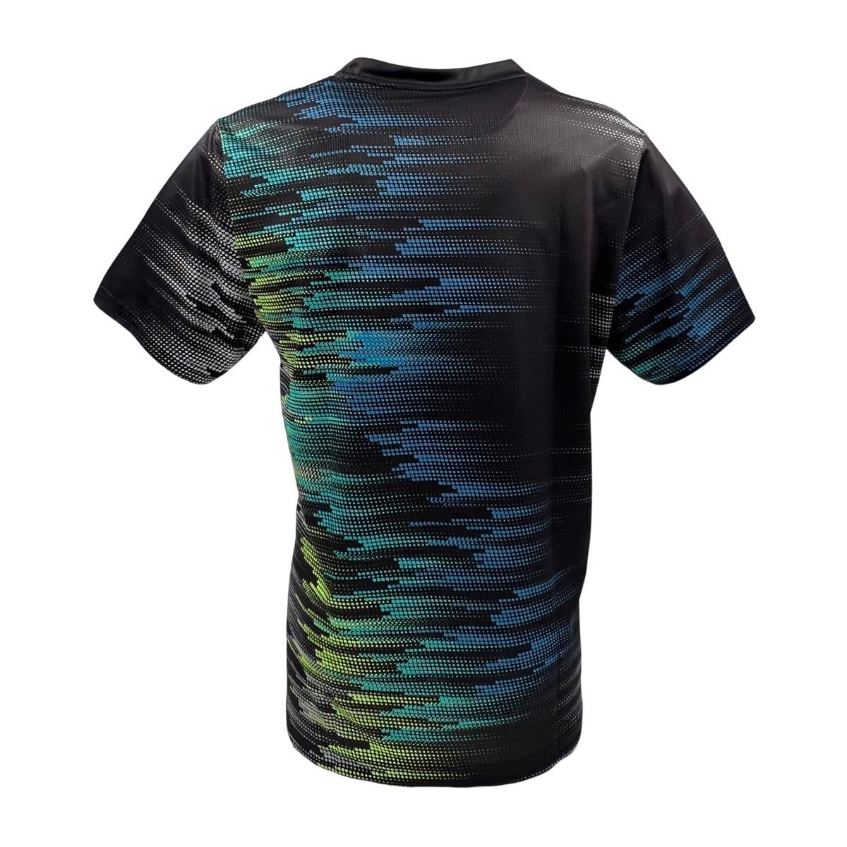 The image shows the back of a Yonex YTM7 Men's Padel T-Shirt - Shadow, made from moisture-wicking polyester. It features a digital pixelated pattern in blue, green, and yellow shades, offering a dynamic modern look and freedom of movement.