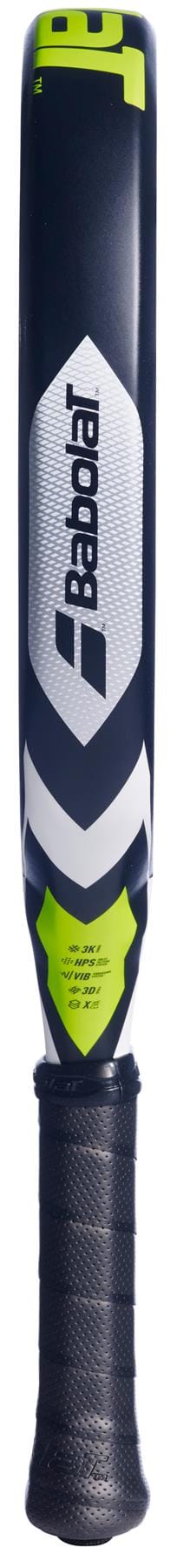 A close-up of the Babolat Counter Viper 2.6 Padel Racket handle and throat displays its black, white, and neon yellow colors, Babolat logo, and advanced 3K carbon construction for enhanced performance.