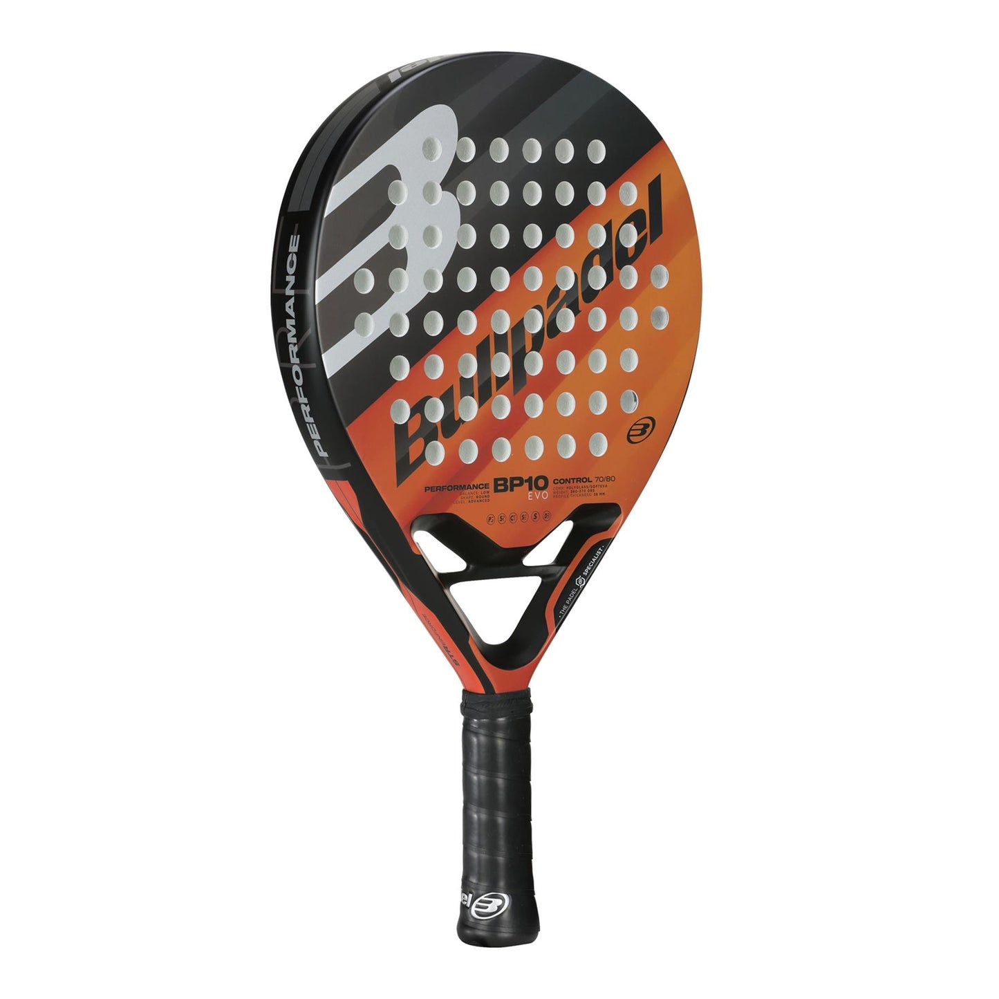 The Bullpadel BP10 EVO 2024 padel racket from Bullpadel showcases a striking black and orange design, with the model name "BP10" prominently displayed. Perfect for intermediate players, it includes a handle wrapped in black grip tape to improve comfort and control.