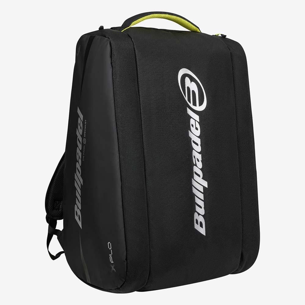 The Bullpadel BPP26022 XPLO Padel Bag in black features a top handle, shoulder straps, and white Bullpadel branding. This structured rectangular bag is inspired by Martín Di Nenno's professional style.