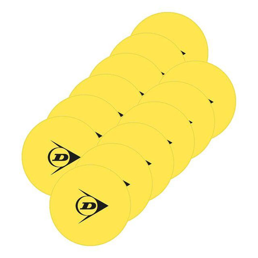 A set of vibrant yellow Dunlop Padel Training Targets organized in a staggered layout. Each target displays a black Dunlop logo with a stylized letter "D" and triangular design, reminiscent of meticulously crafted training targets.