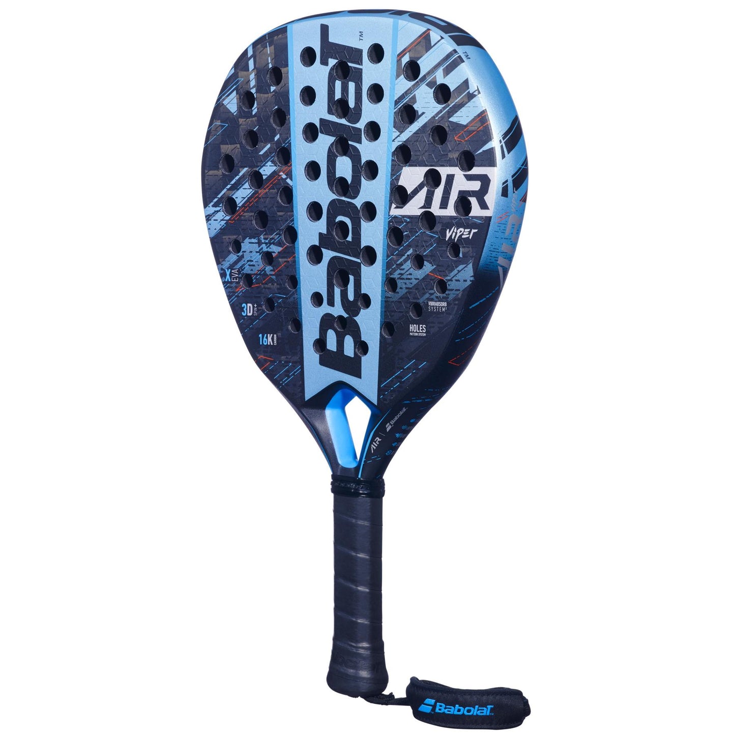 The Babolat Air Viper Padel Racket - Blue / Black is designed for explosive power, featuring a textured surface with striking geometric patterns in blue and black. Enhanced maneuverability comes from its handle, wrapped in sleek black grip tape, while the Babolat logo prominently adorns the racket's face.