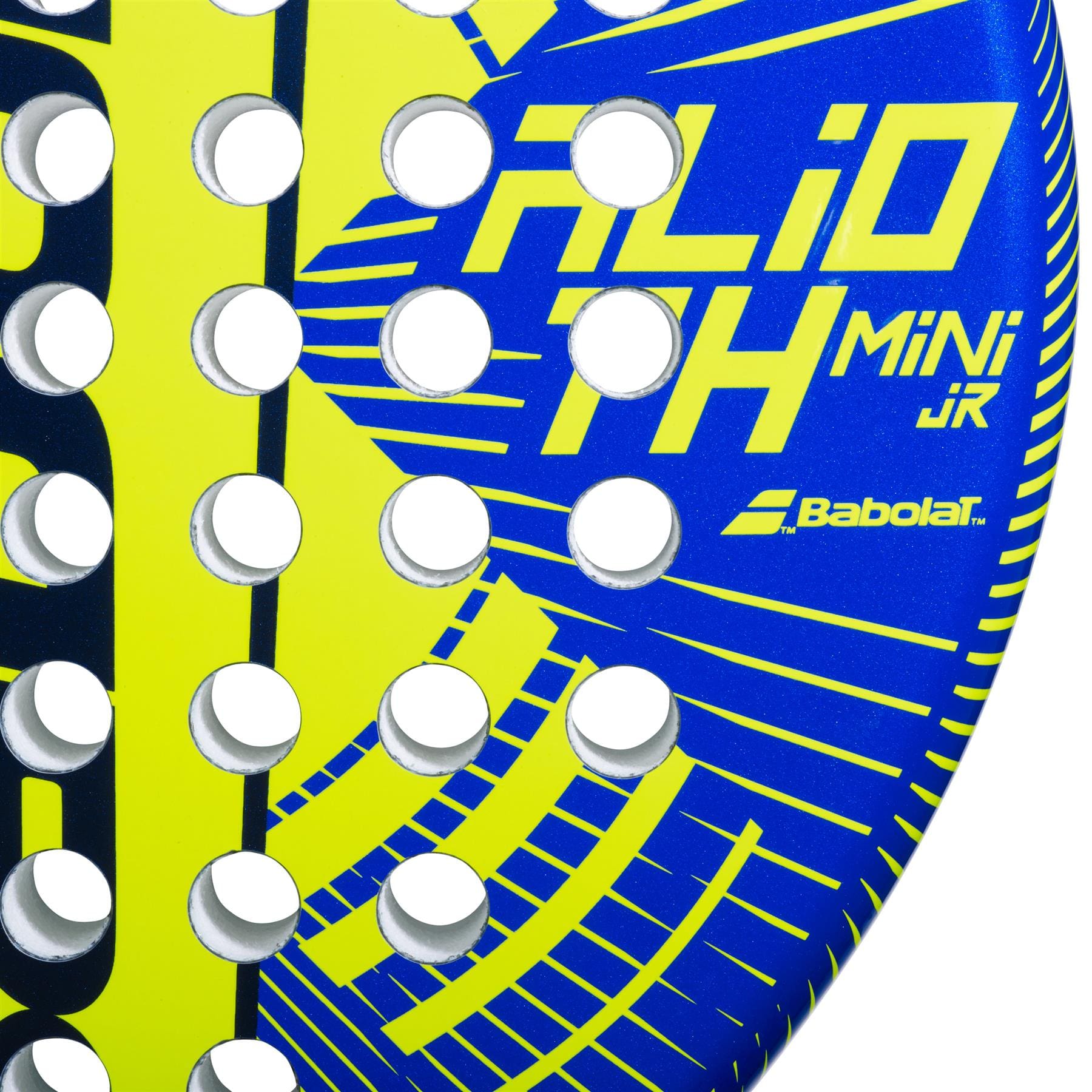 Close-up of the Babolat Alioth Mini Junior Padel Racket in blue and yellow, showing its perforated surface and the "Babolat" branding.