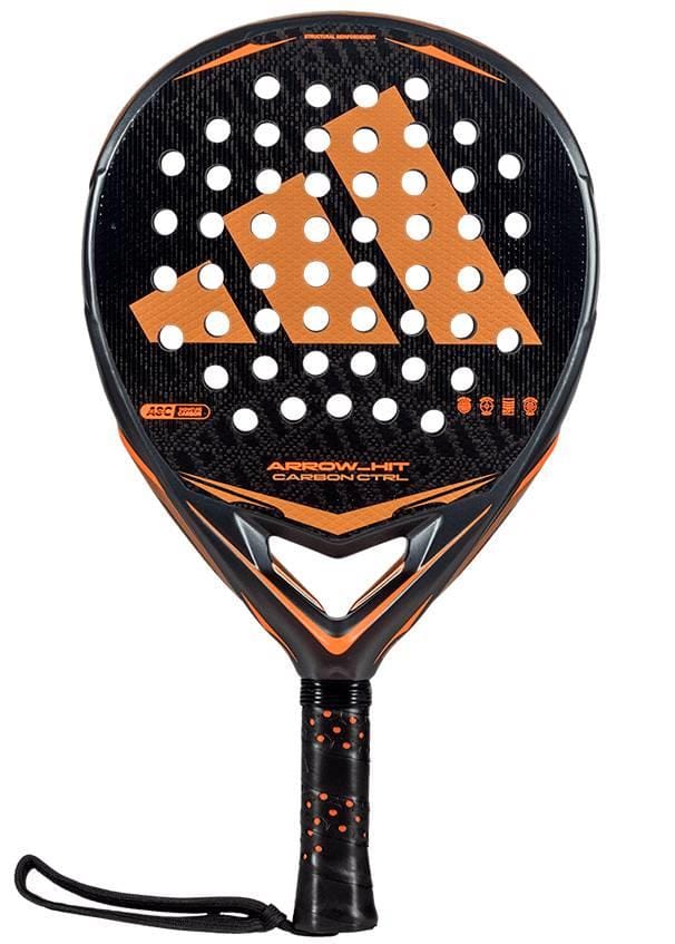 The adidas Arrow Hit Carbon CTRL 2026 Padel Racket is black with orange details and a large orange adidas logo, circular holes, a black grip with orange accents, and an attached wrist strap—an advanced carbon fiber padel racket.