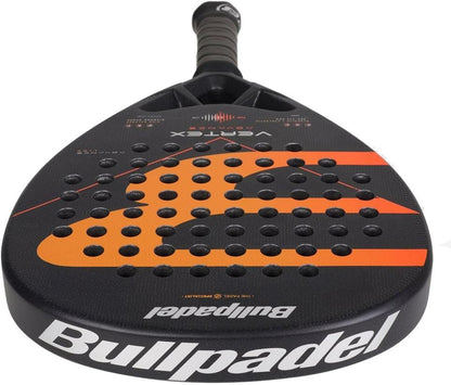 A close-up of the Bullpadel Vertex Advance 2026 padel racket, featuring a black design with orange accents, perforated face, and Bullpadel branding in white—perfect for attacking play.
