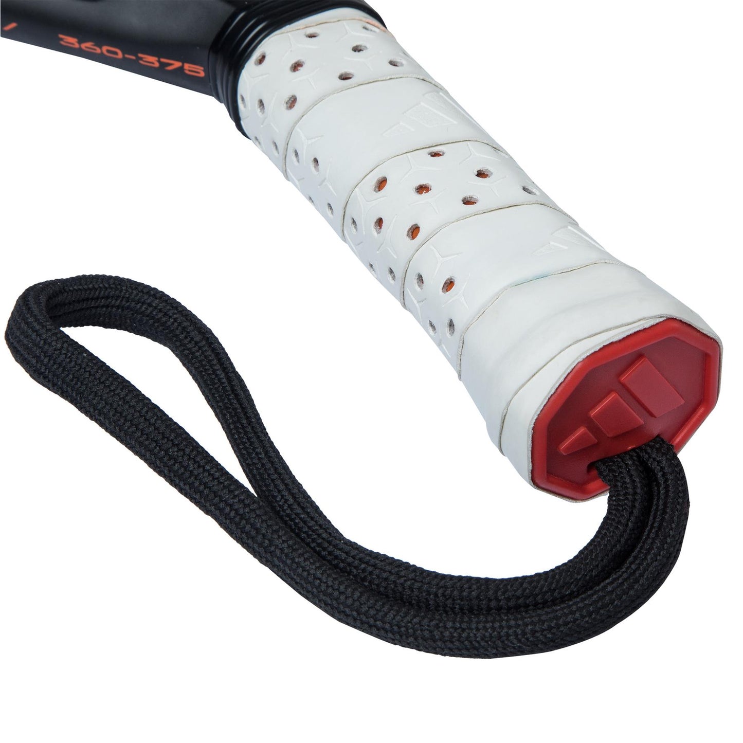 Close-up of a white, perforated grip handle on the ADIDAS Cross It 3.4 Padel Racket in black/grey with a red cap end. A black wrist strap is looped around the base, hinting at its diamond oversized head shape.