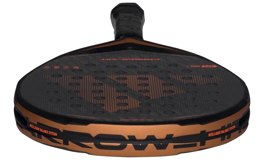 Close-up of the adidas Arrow Hit CTRL 2026 Padel Racket, highlighting its perforated surface, textured grip handle, intelligent balance system, and visible brand design details along the edge.