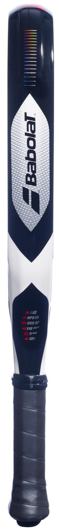 A close-up of the Babolat Technical Viper Soft 3.0 Padel Racket handle highlights the Babolat logo, textured grip, and technical details near the base, emphasizing its carbon twill construction.