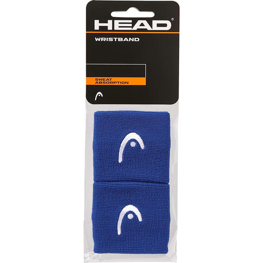 Set of two HEAD 2.5" Padel Wristbands in blue, featuring a white logo and engineered for sweat absorption. Crafted from nylon elastane, these wristbands are packaged in black and transparent wrapping with an orange and white label showcasing the wristbands.