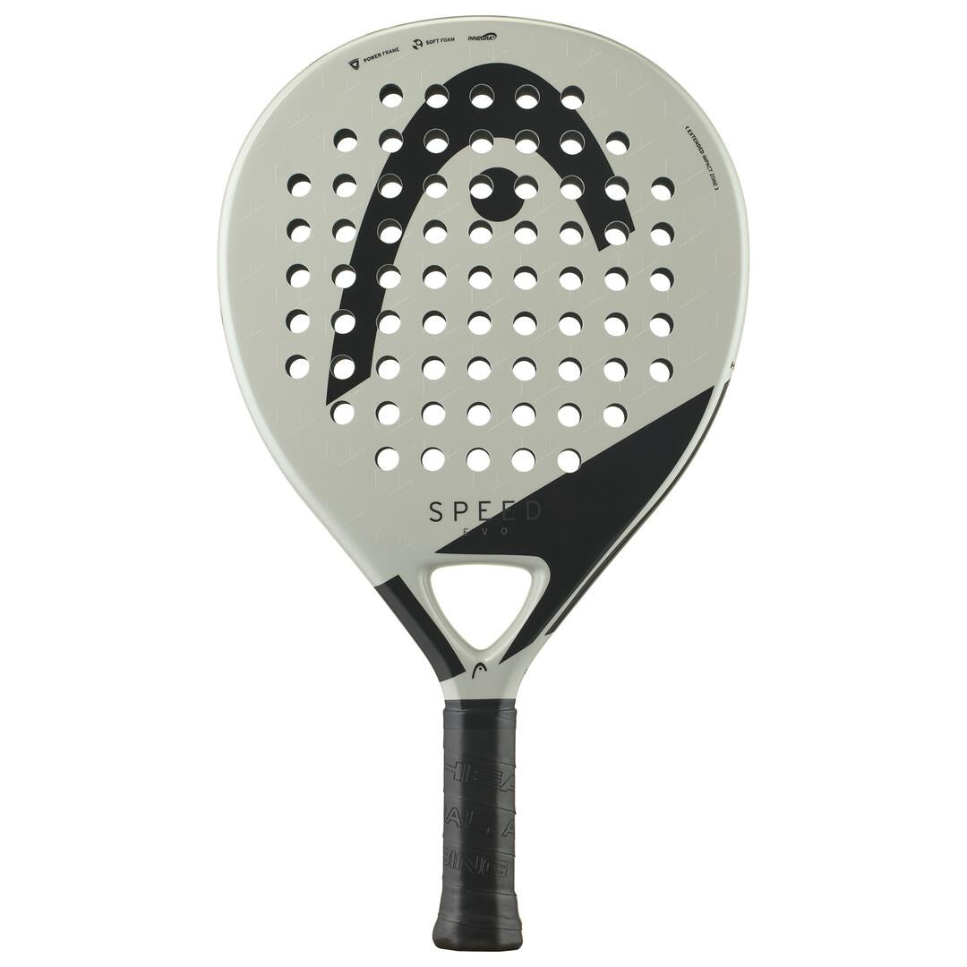 The HEAD EVO Speed 2025 Padel Racket in gray boasts black accents and a large logo on the face. It features Innegra technology, a Soft Foam core, circular holes, and a textured grip handle. The word "SPEED" is printed near the base of the head.