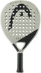 The HEAD EVO Speed 2025 Padel Racket by HEAD features a teardrop-shaped light gray face with a black curved design, multiple holes, and "SPEED" printed above the handle. Its handle is wrapped in black grip tape.